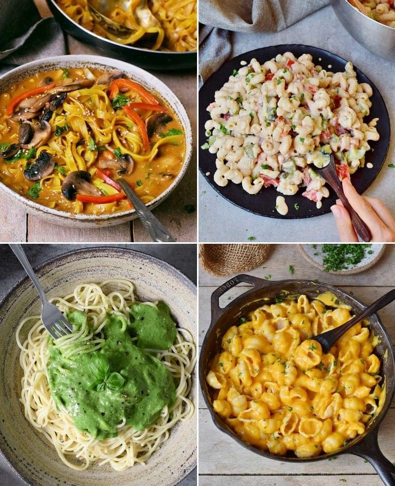 collage of 4 images of vegan pasta recipes