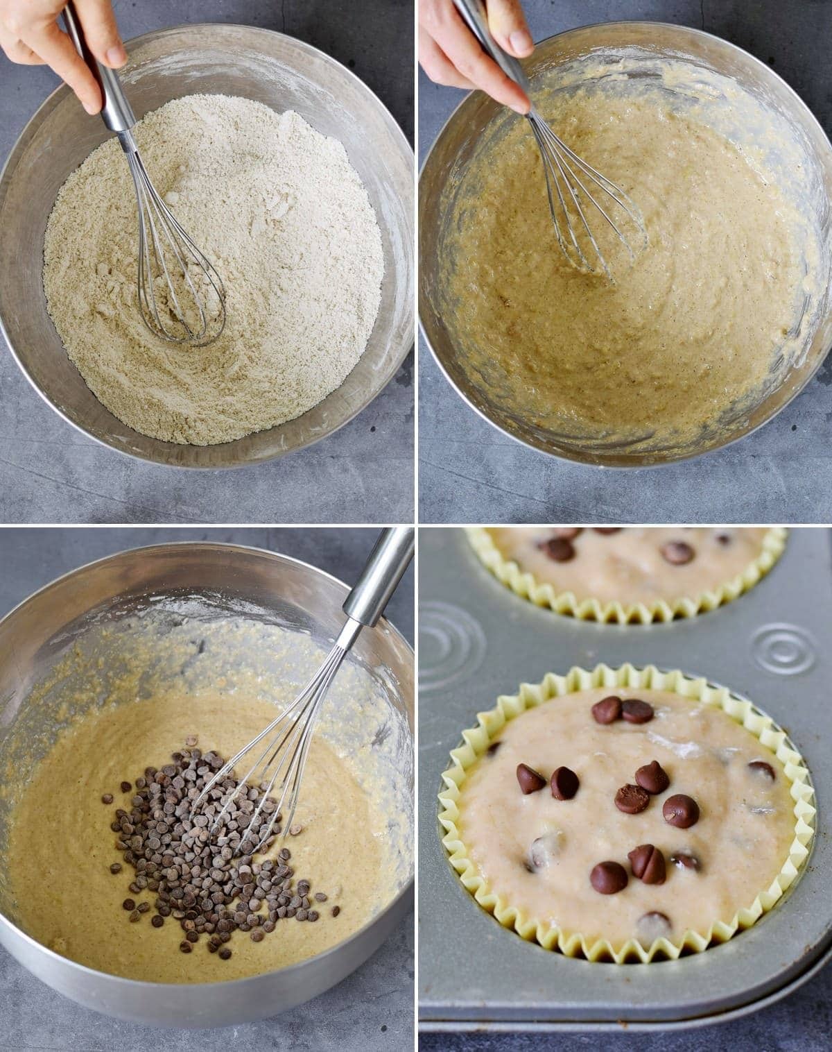4 Zwischenschrittfotos vom Zusammenmischen von Zutaten für einen Muffin-Rührteig