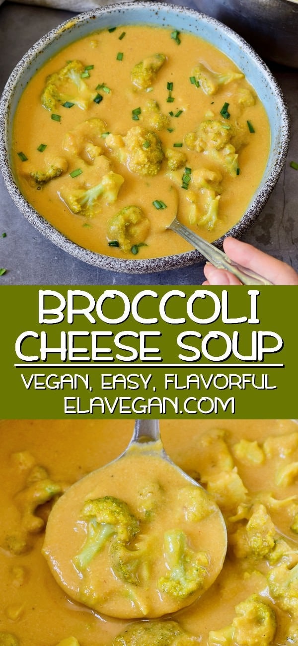 pinterest collage of vegan broccoli cheese soup
