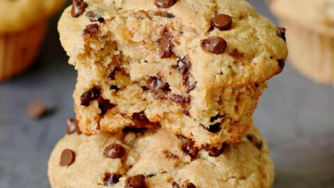 tower of two vegan banana chocolate chip muffins
