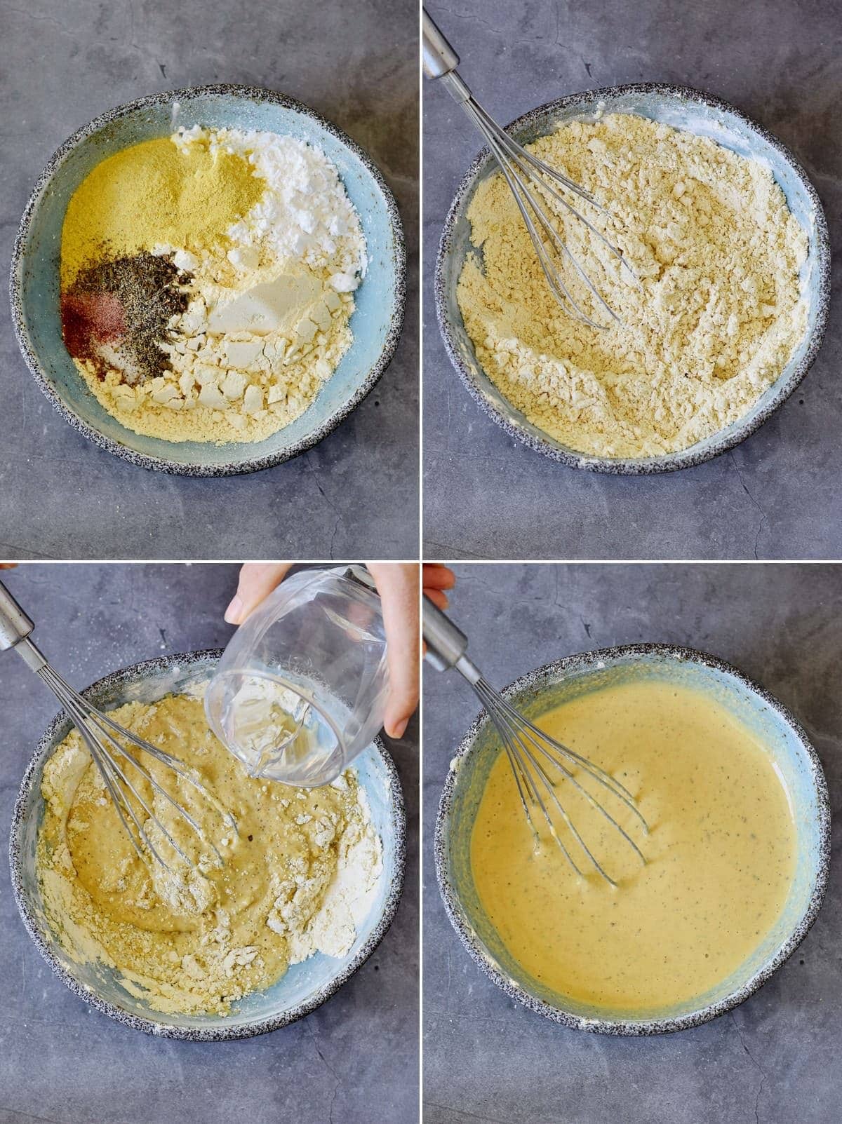 4 step-by-step photos how to mix chickpea flour batter