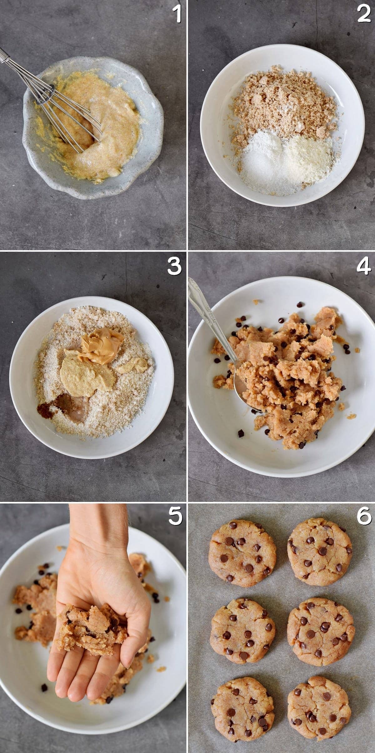 6 Schritt-Für-Schritt-Fotos von der Herstellung von veganen Keksen mit Schokodrops