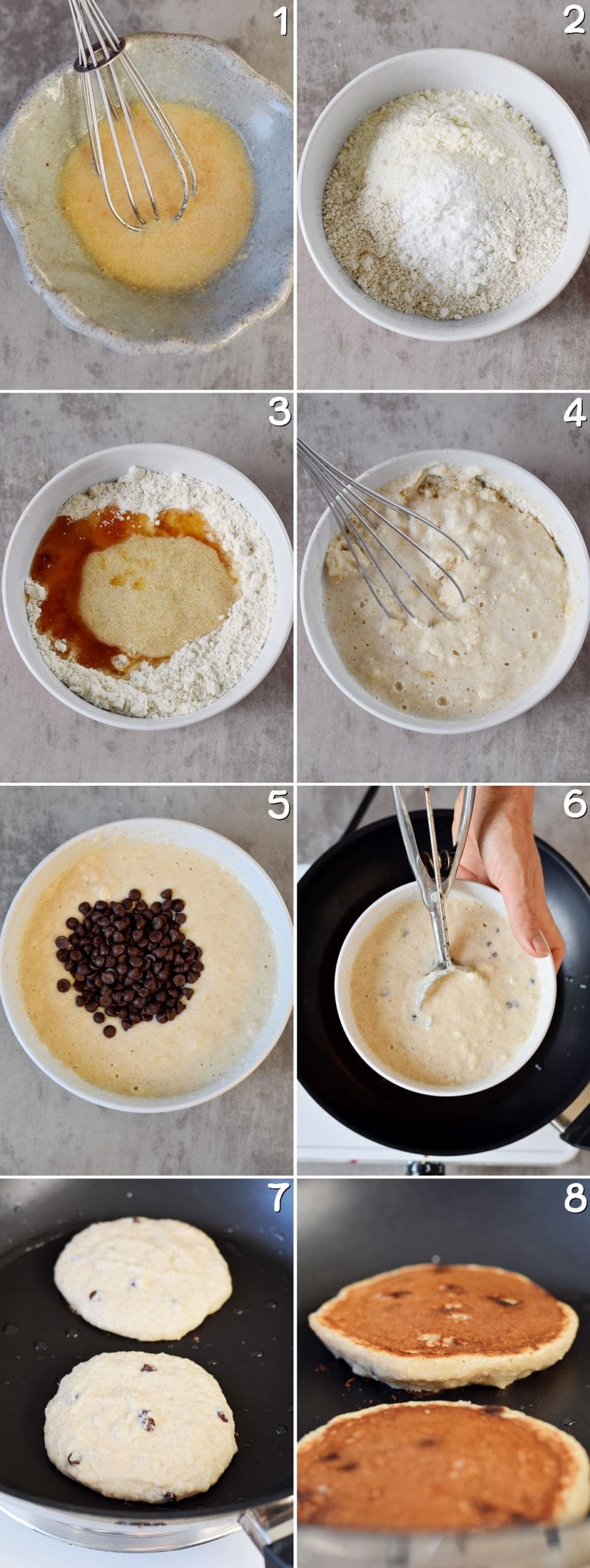 8 process shots of how to make chocolate chip pancakes