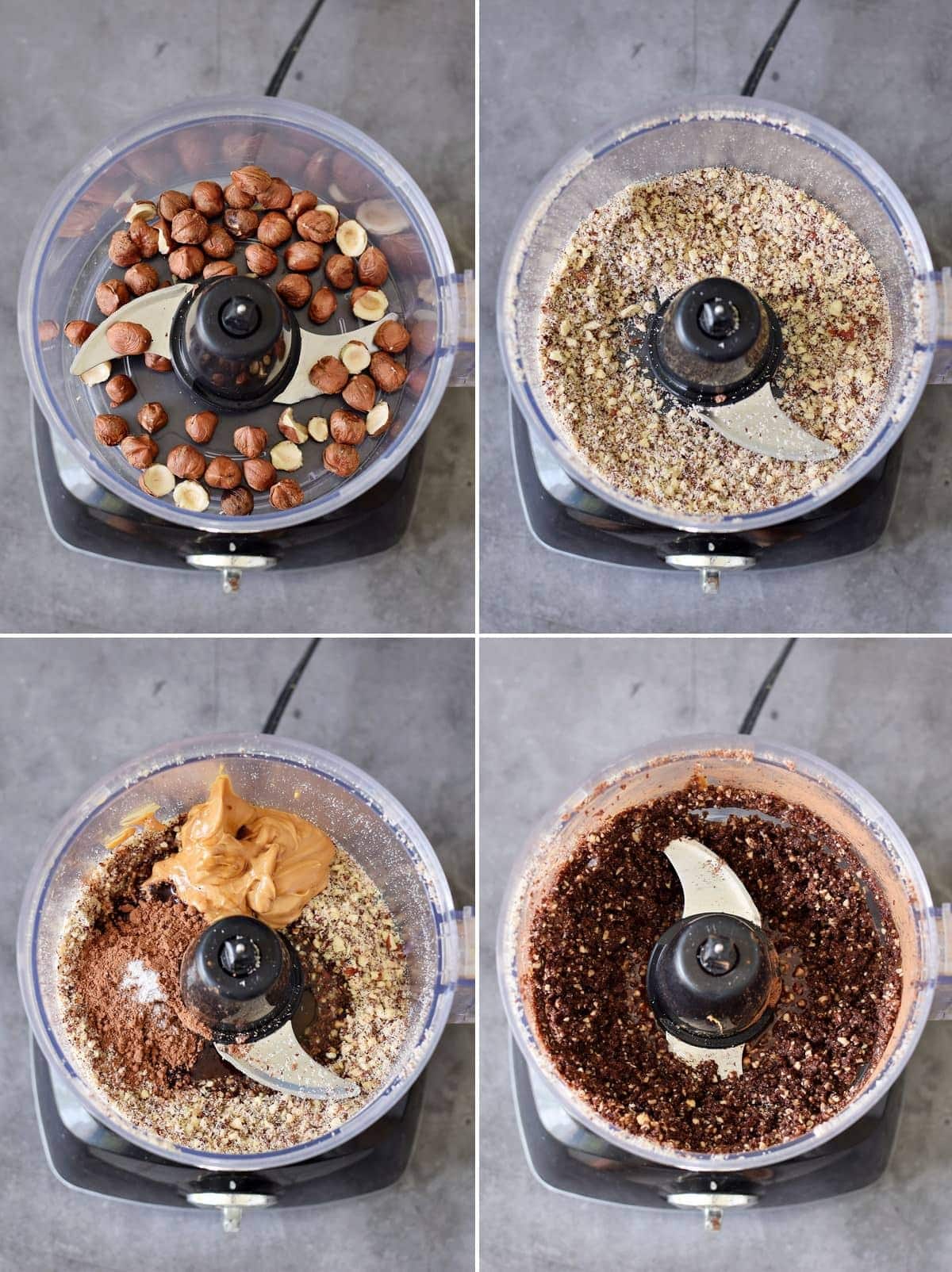 4 step by step photos of making hazelnut truffles in a food processor