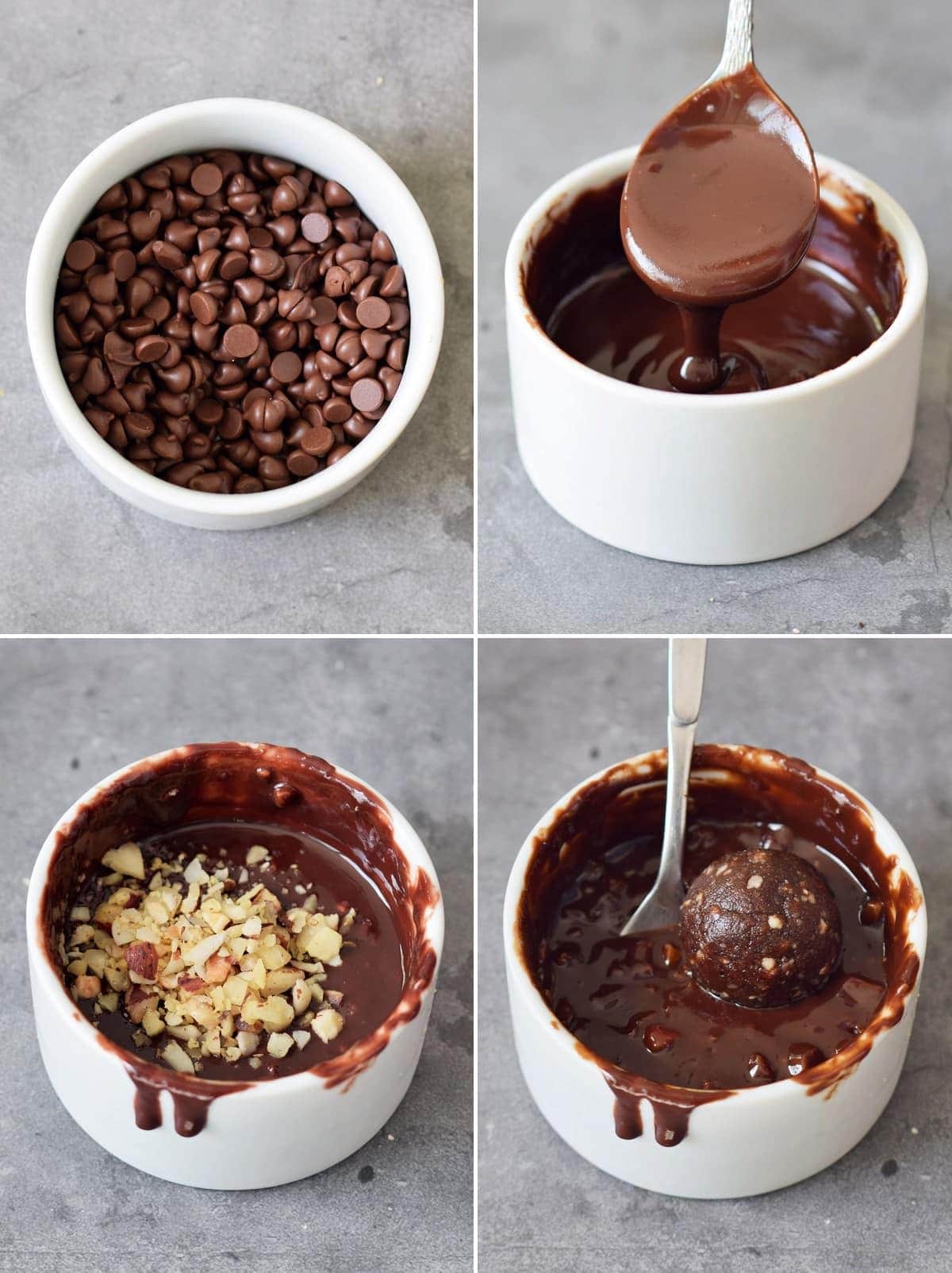 4 Schritt-für-Schritt-Fotos vom Schmelzen veganer Schokolade und dem Dippen von Haselnuss-Trüffel darin
