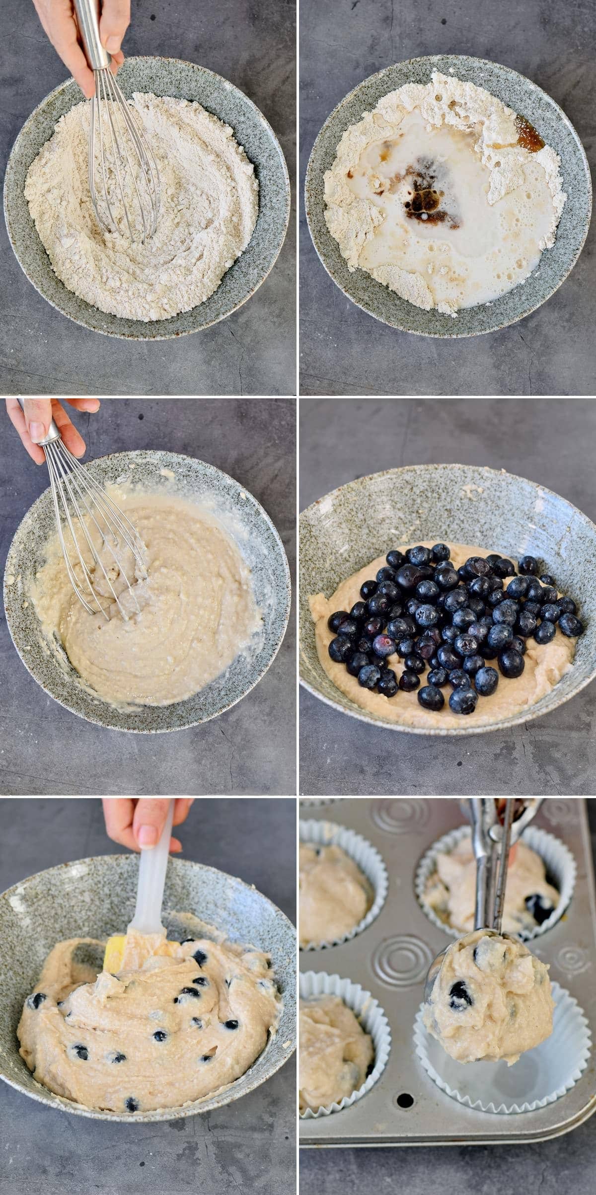 6 step-by-step photos how to mix batter for muffins with blueberries
