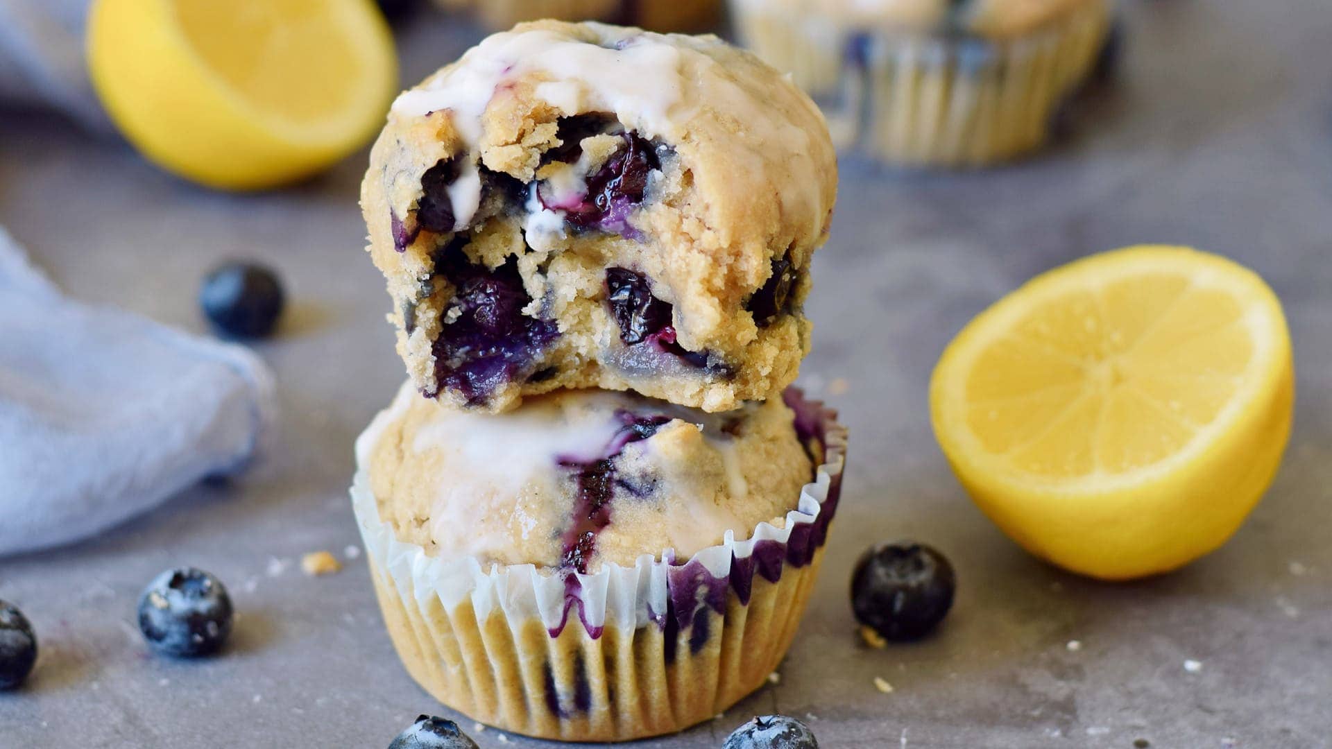 dairy-free muffin stack with lemon and blueberries