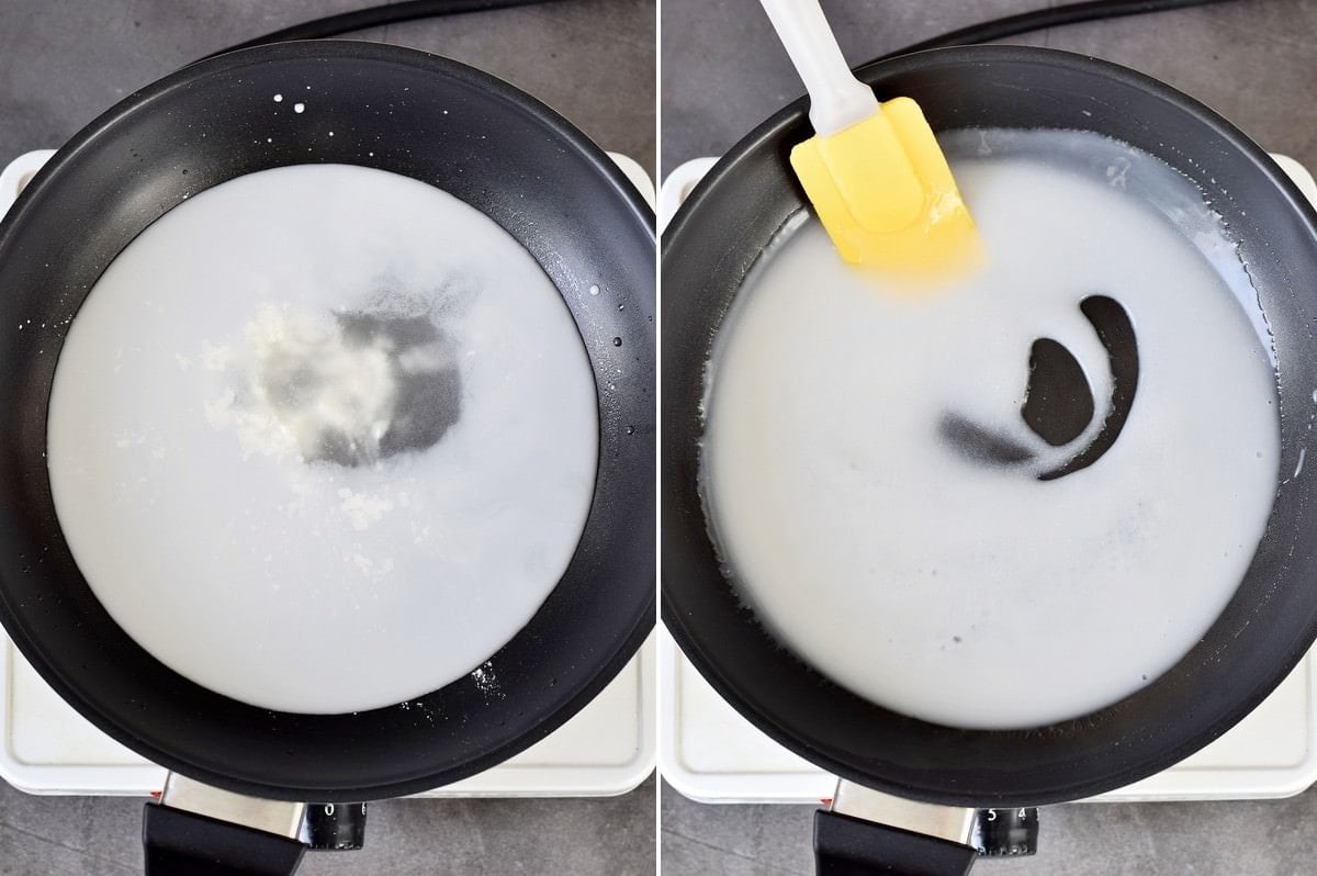 2 step-by-step photos of how to make coconut sauce
