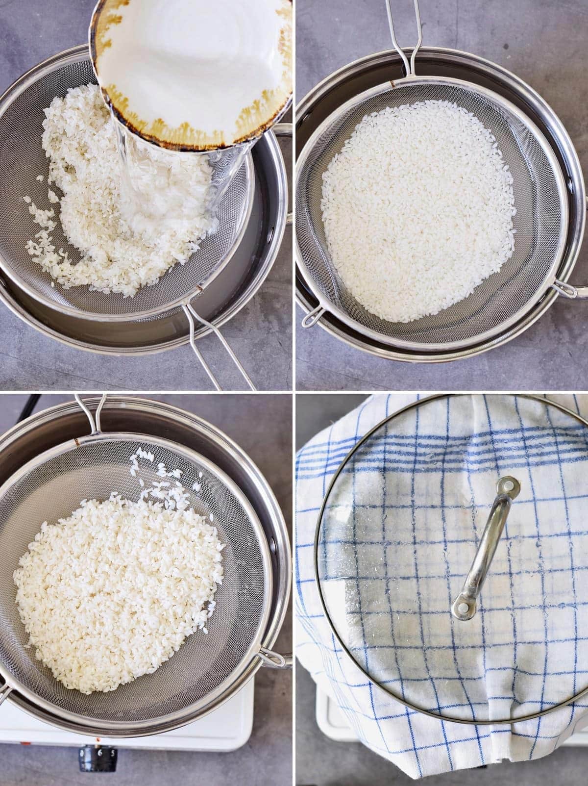 4 step-by-step photos of how to steam rice