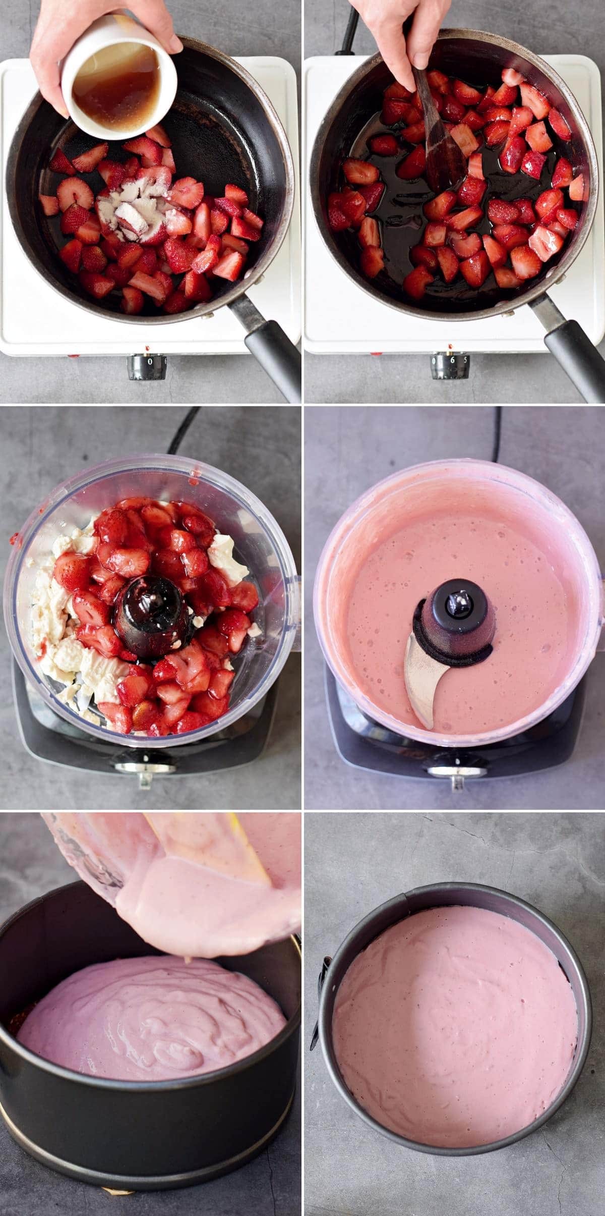 6 Schritt-Für-Schritt-Fotos, wie man eine glatte Creme mit Erdbeeren herstellt
