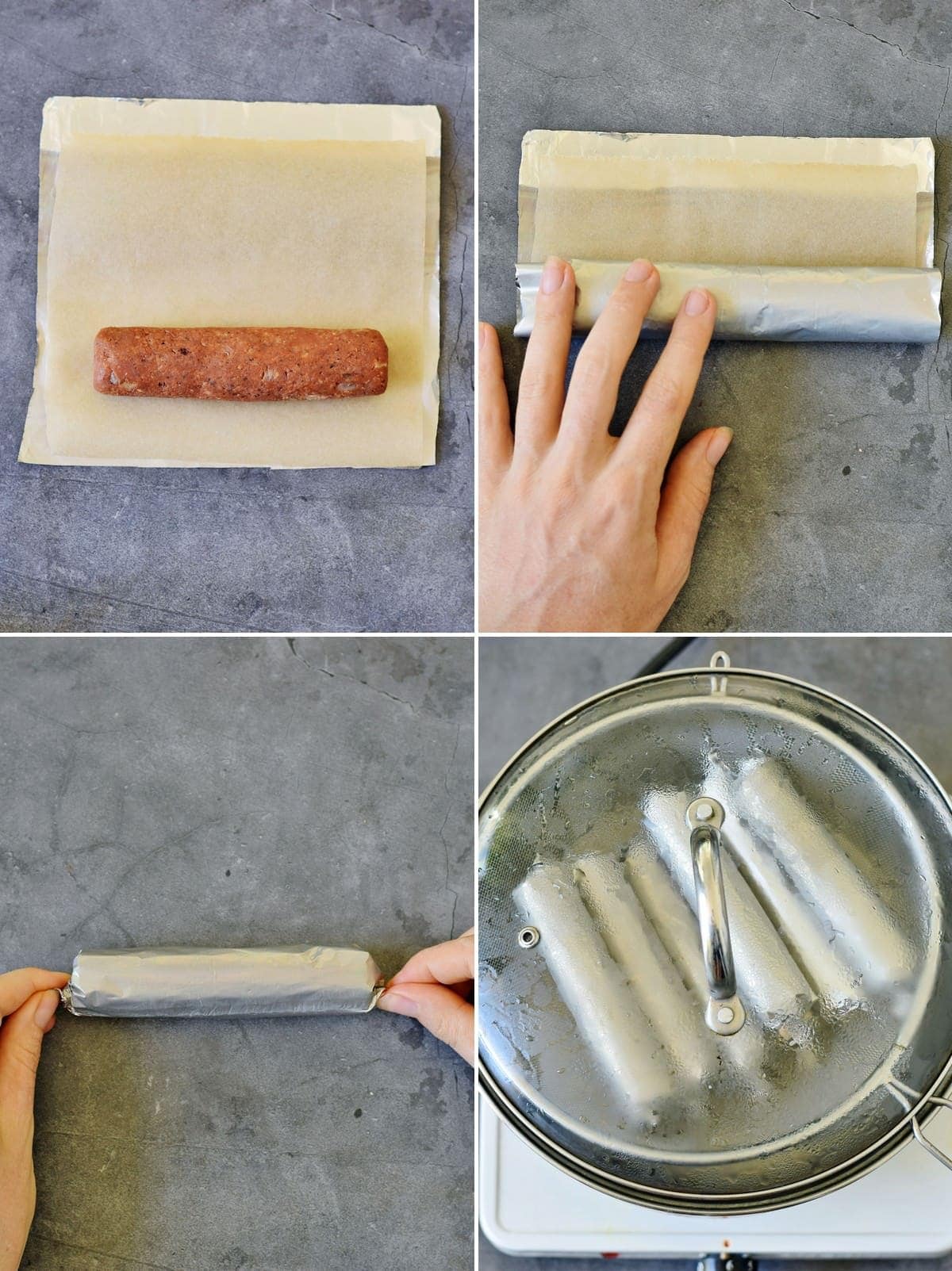 6 step-by-step photos showing how to steam vegetarian brats