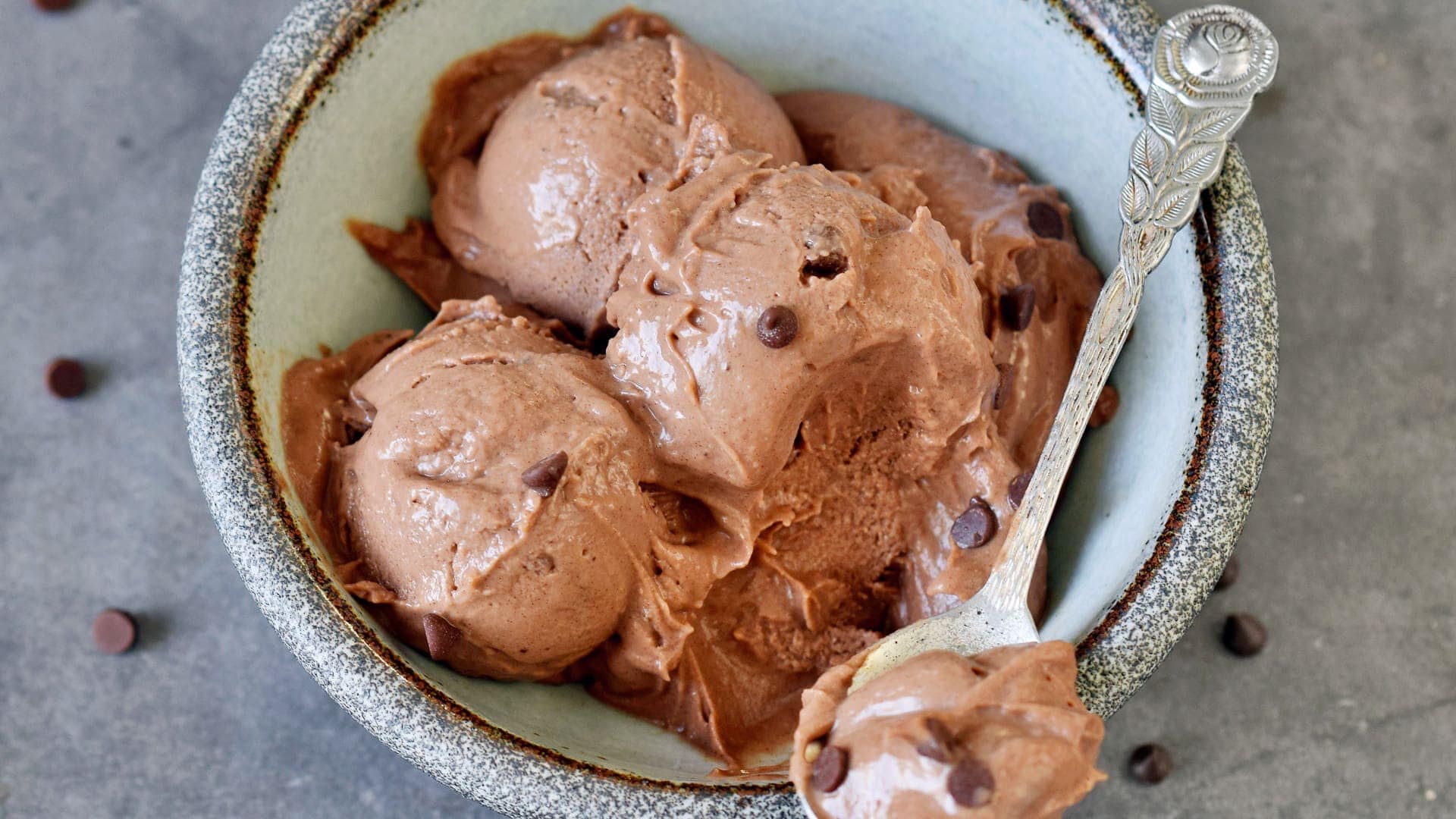 landscape photo of vegan chocolate ice cream in a bowl with a spoon