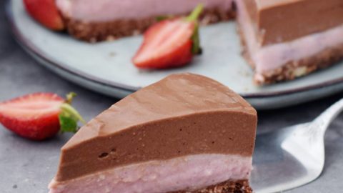 one piece of chocolate strawberry cheesecake