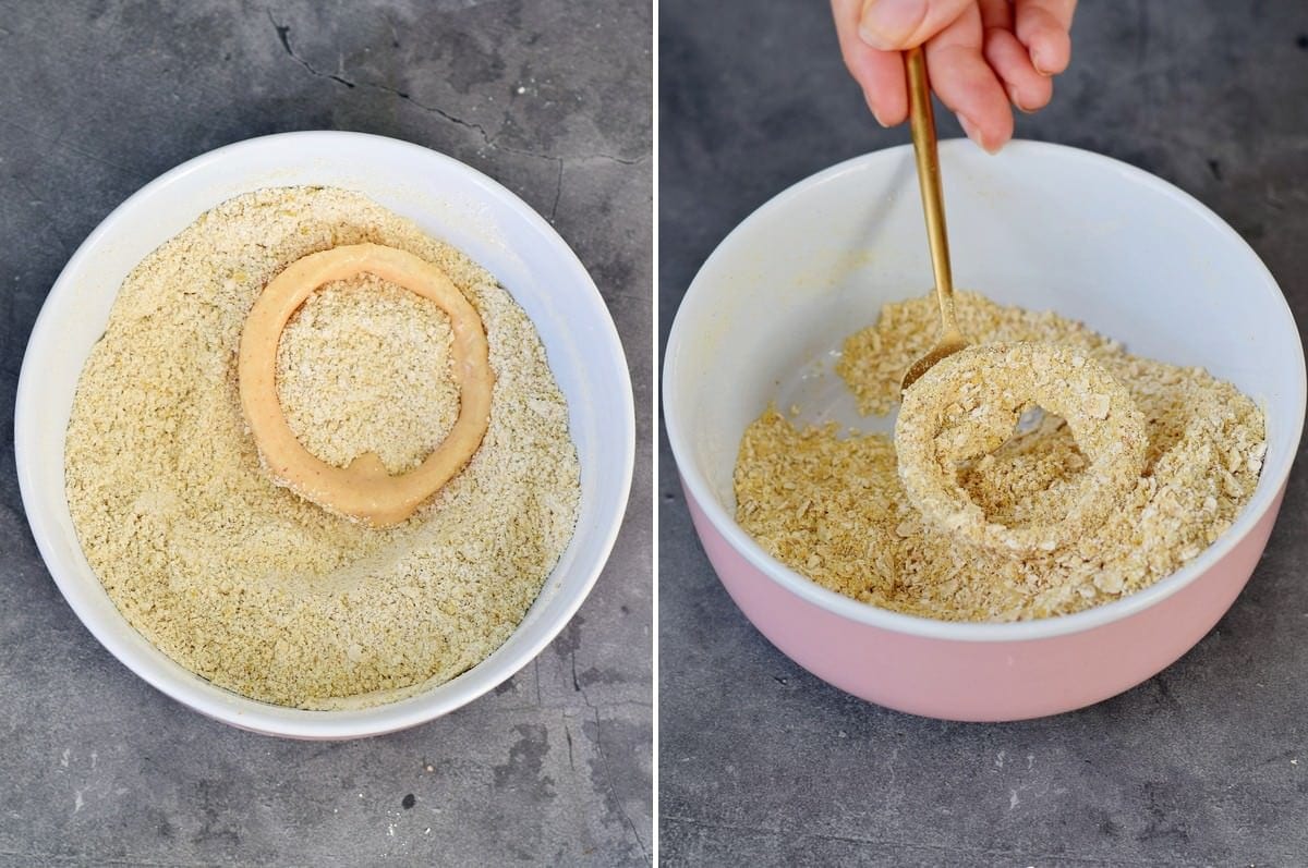 2 step-by-step photos how to coat one onion ring in gluten free breading