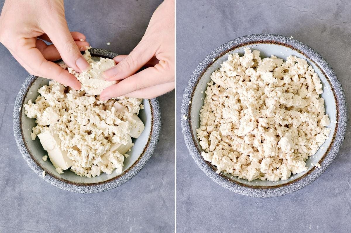 2 Schritt-für-Schritt-Fotos, wie man festen Tofu mit den Fingern zerbröselt