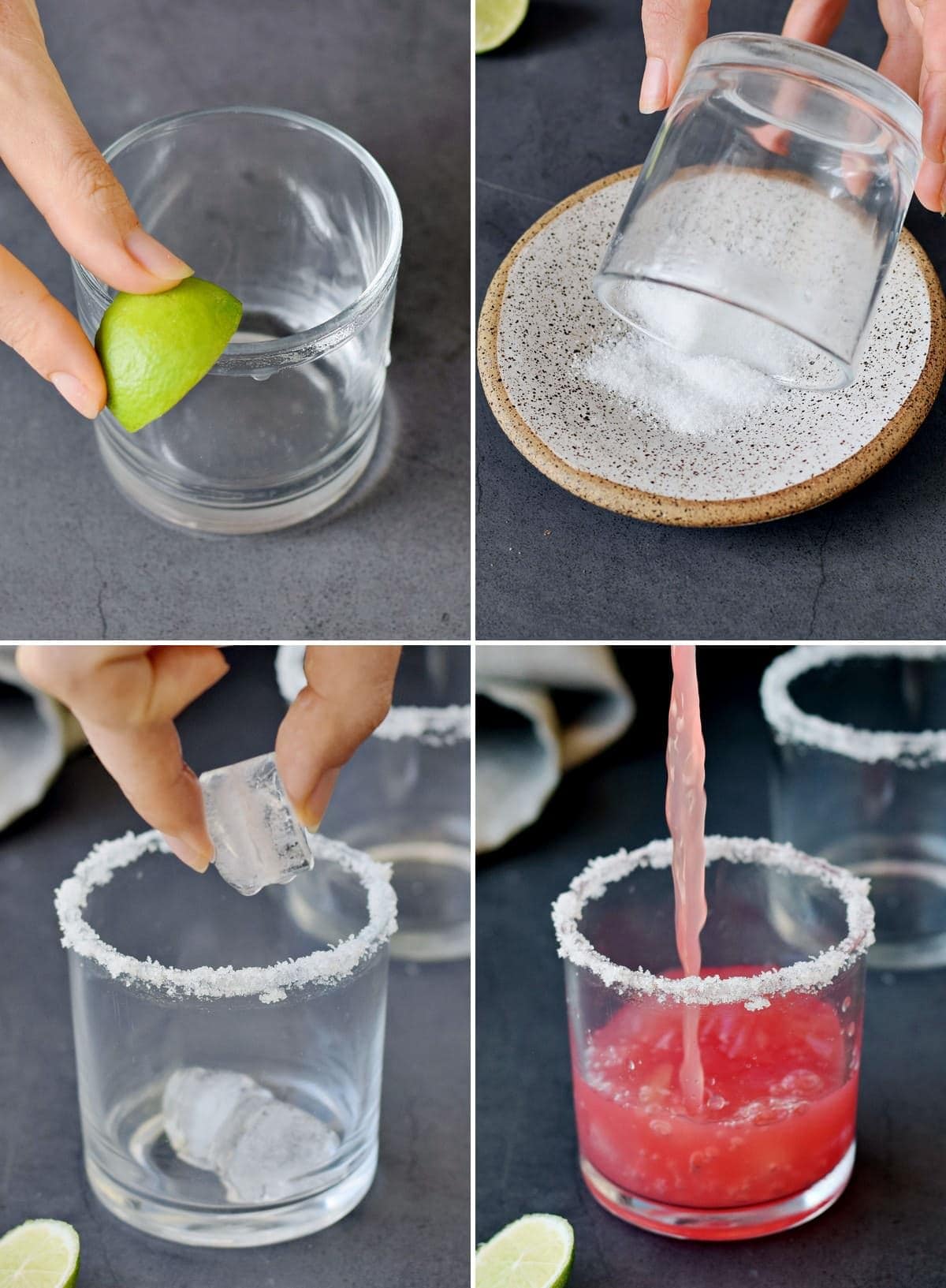 4 Schritt-für-Schritt-Fotos, wie man einen Salzrand auf einem Glas anbringt