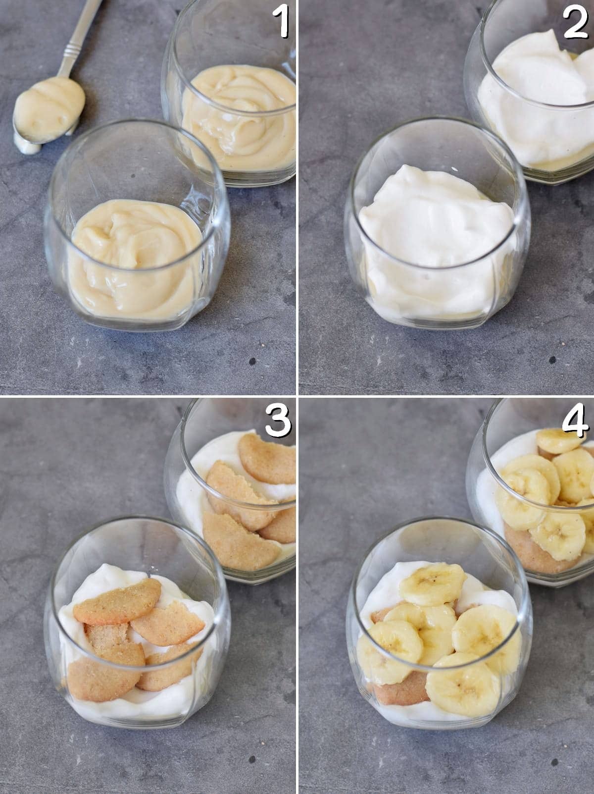4 step-by-step photos showing how to layer a dessert with custard whipped cream vanilla wafers and bananas