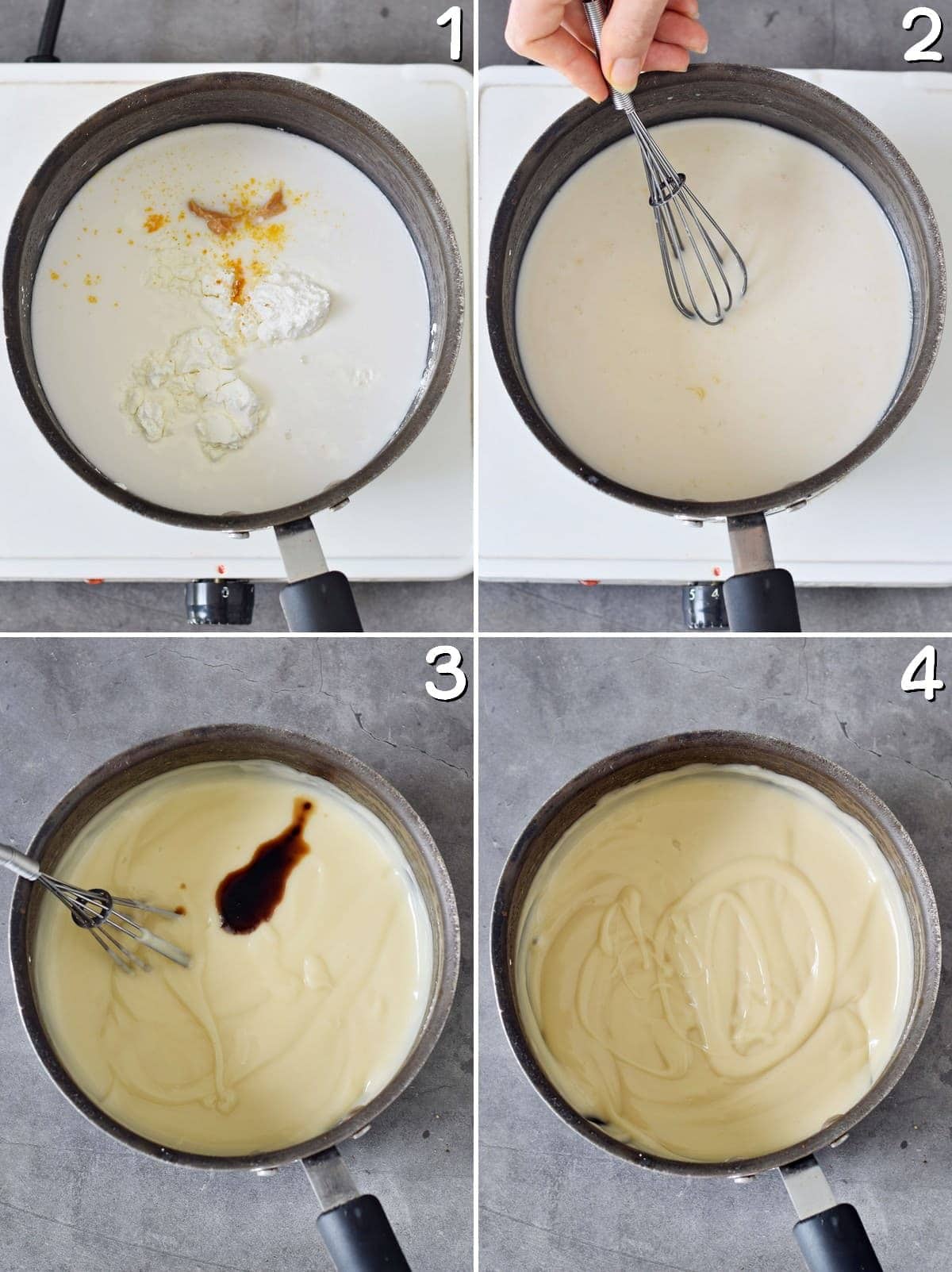 4 step-by-step photos showing how to make vanilla custard in a saucepan