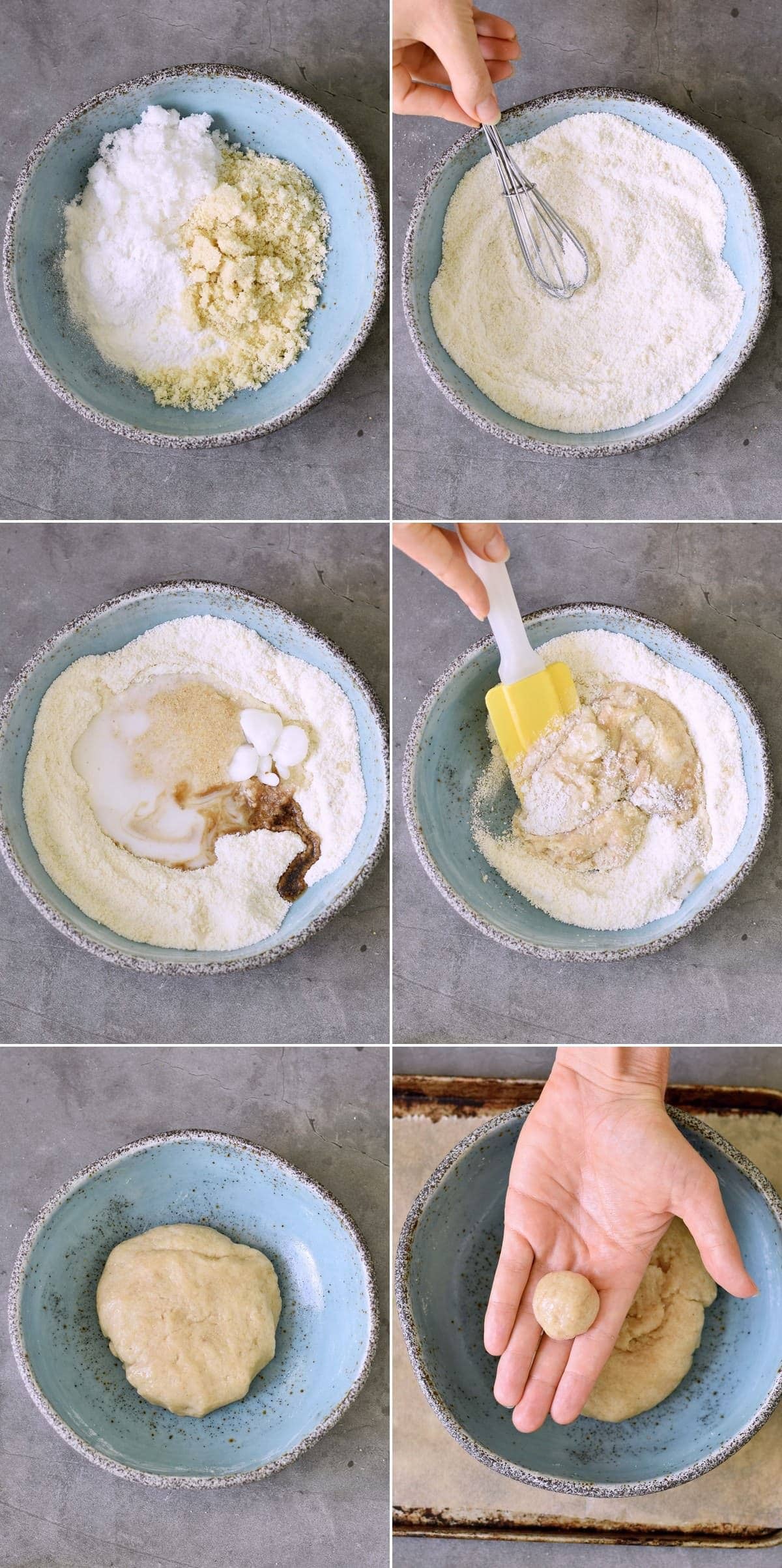 6 step-by-step photos showing how to make a cookie dough