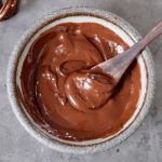 homemade vegan nutella in bowl with wooden spoon