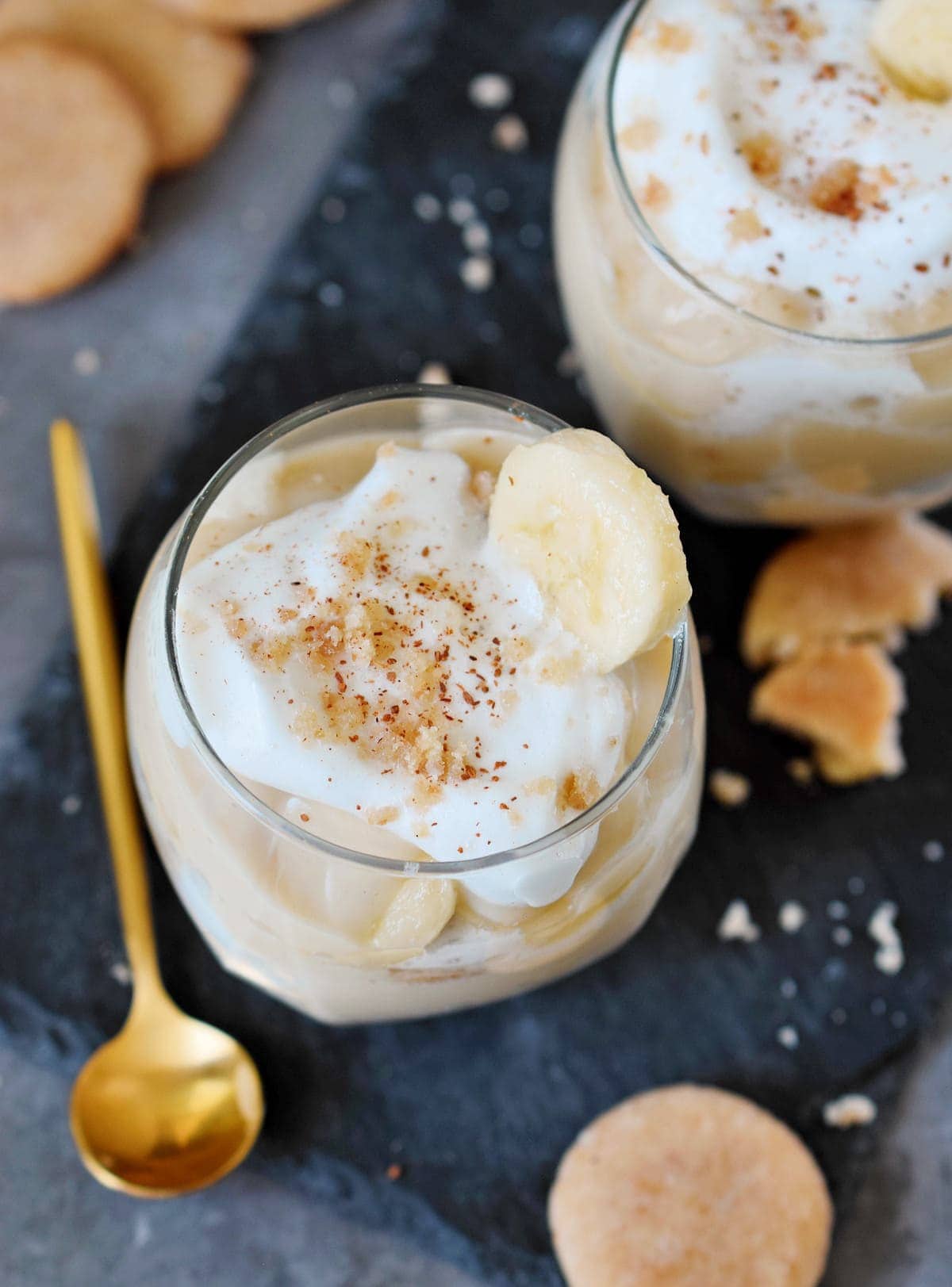 top view of southern banana pudding in two jars