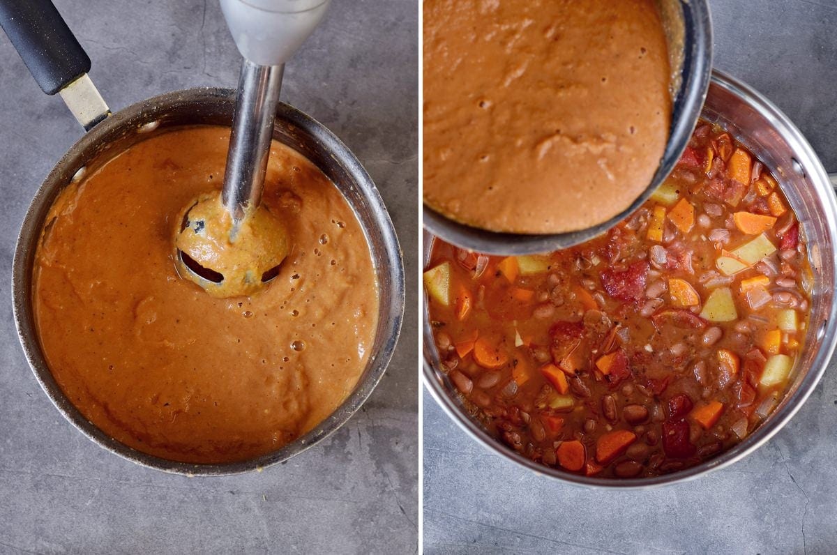 2 step-by-step photos showing how to blend a stew with an immersion blender