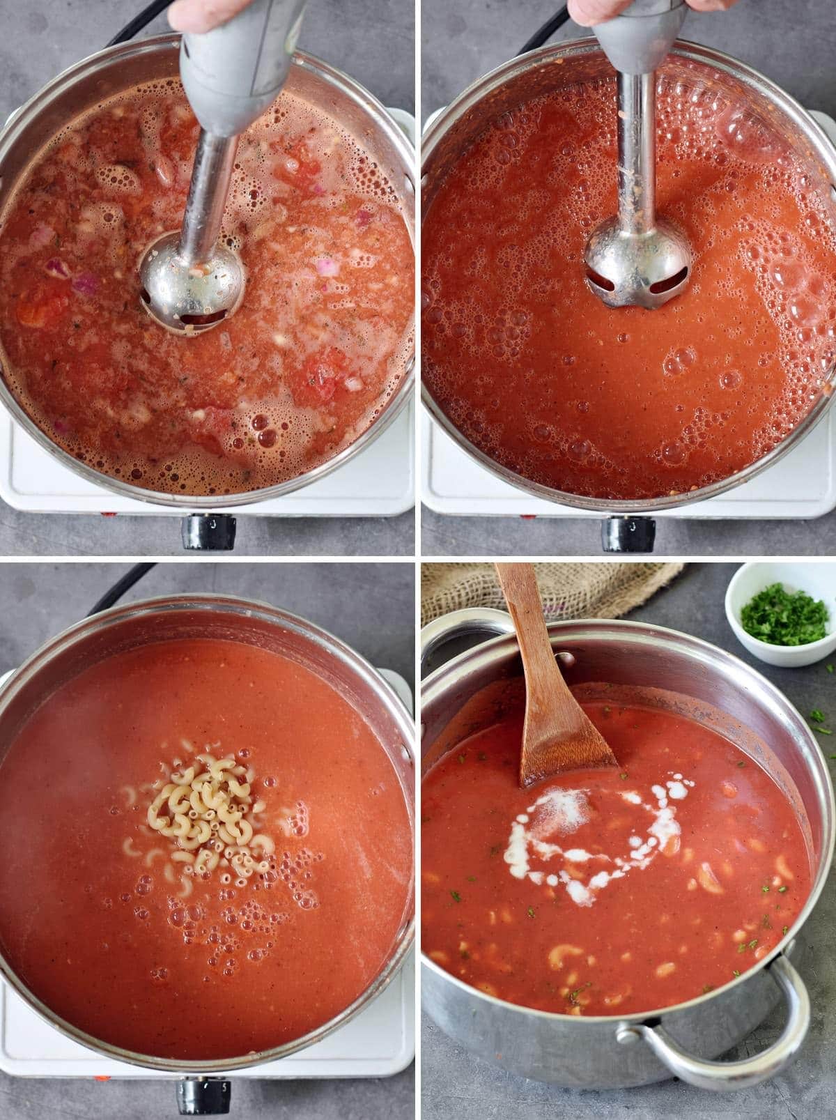 4 step-by-step photos showing how to blend and cook tomato soup