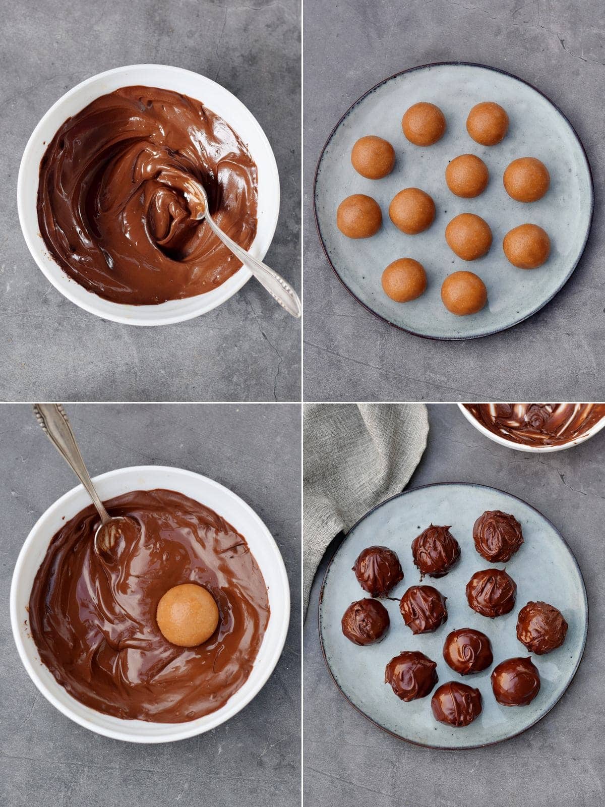 4 Schritt-für-Schritt-Fotos, die zeigen, wie man Erdnuss Kugeln in geschmolzene vegane Schokolade taucht