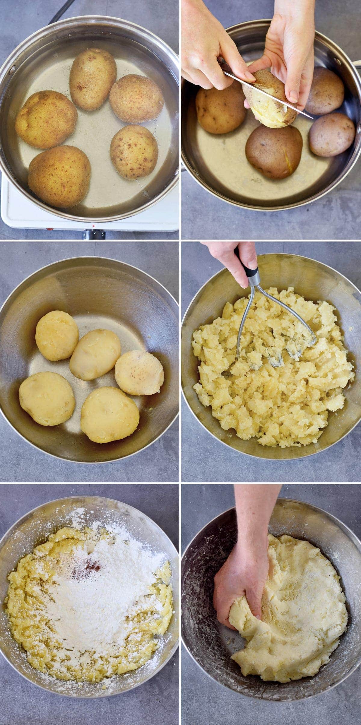 6 step-by-step photos showing how to cook and mash potatoes