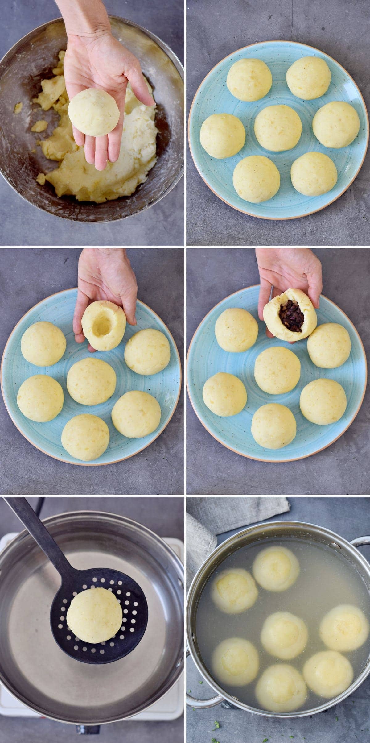 6 step-by-step photos showing how to shape and cook potato dumplings