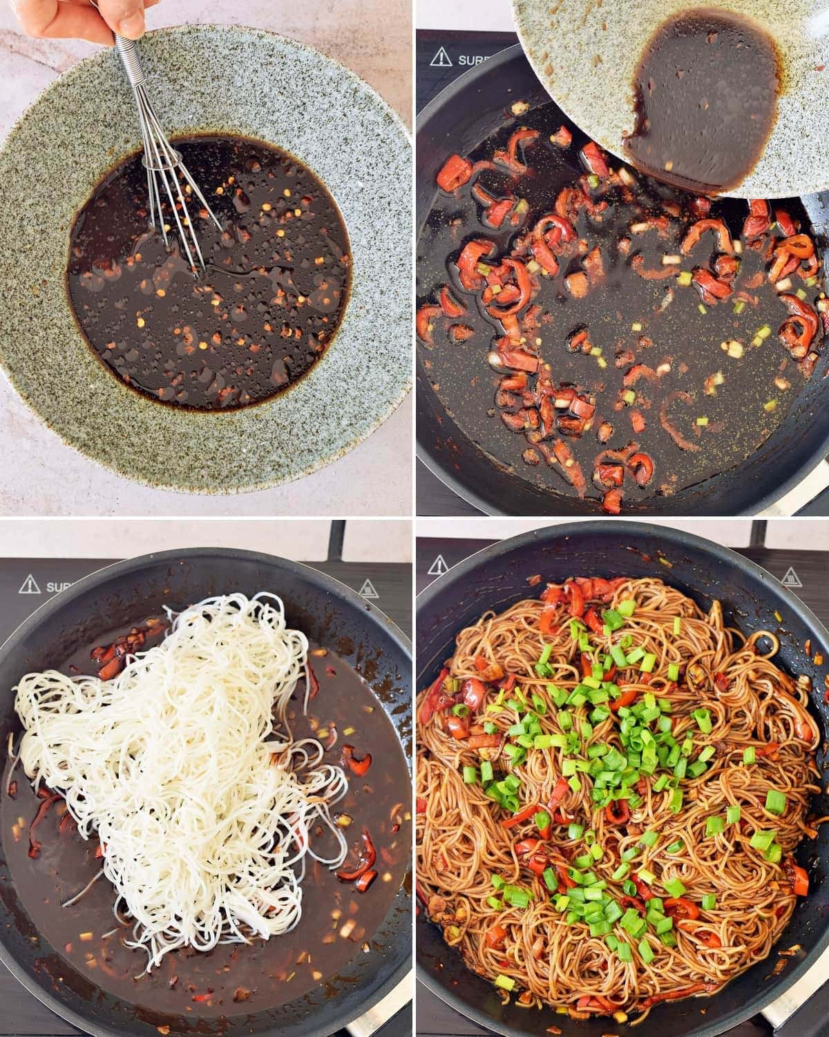 4 step-by-step photos how to combine noodles with brown sauce