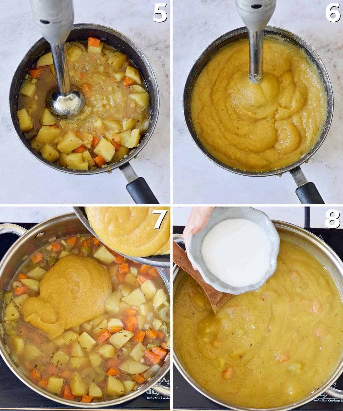 4 step-by-step photos of how to blend a stew with potatoes and veggies