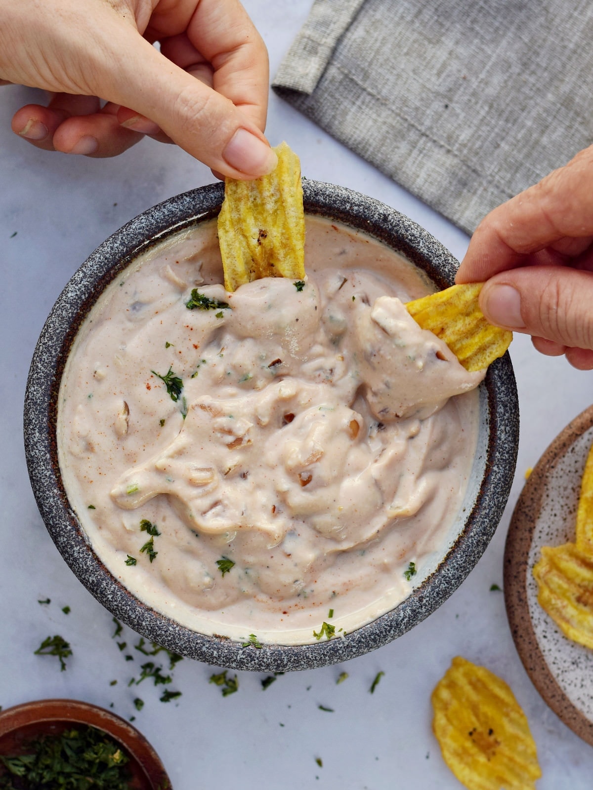 Two hands holding a chip dipped in sour cream dip with caramelized onions