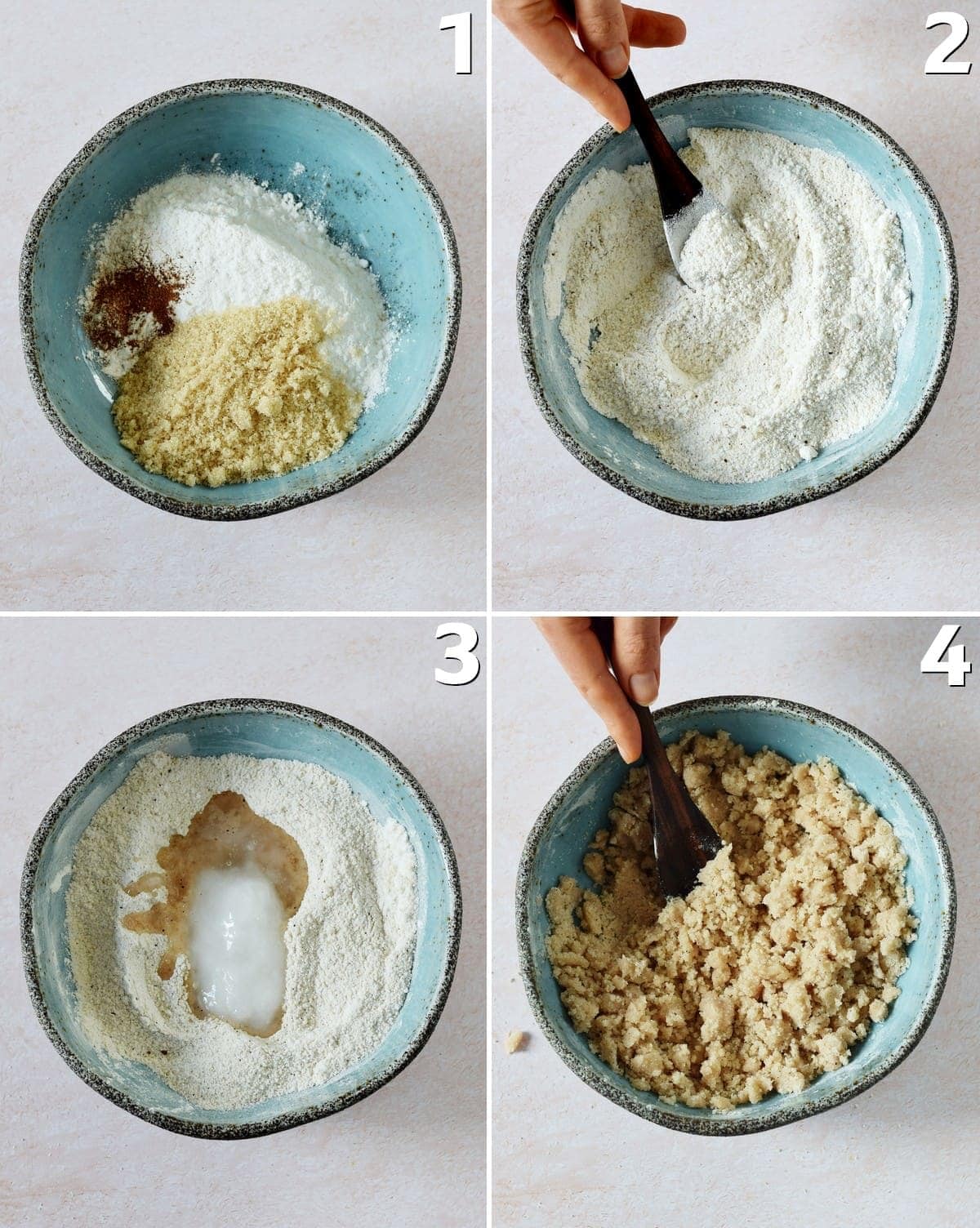 4 step-by-step photos of how to make vegan streusel (crumble)