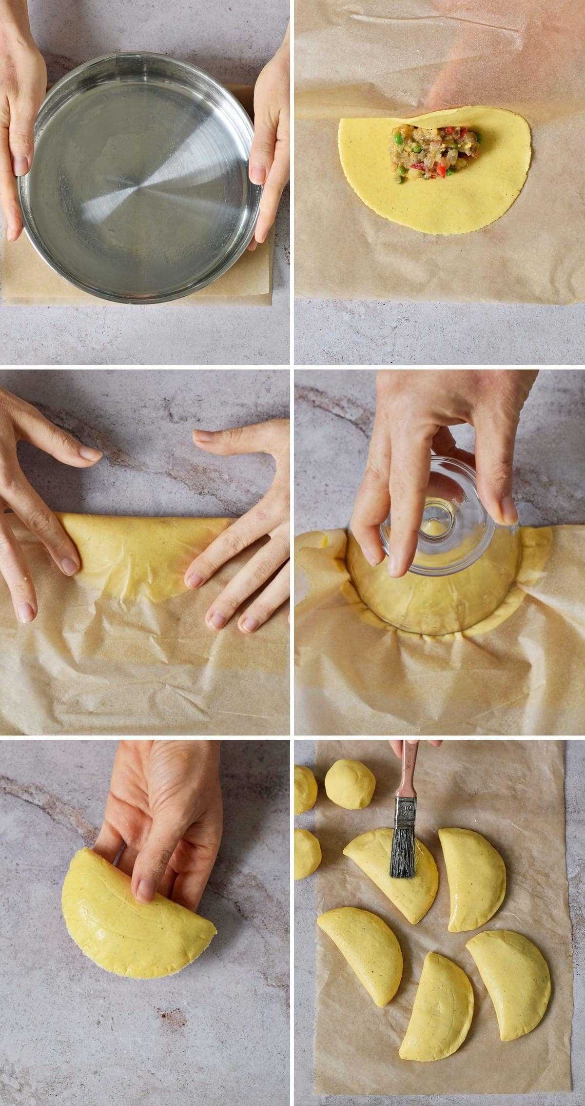 6 step-by-step photos how to shape vegan empanada dough into half-moon circles