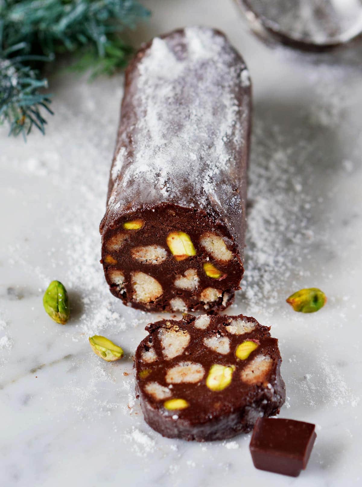 chocolatey sausage with powdered sugar from above