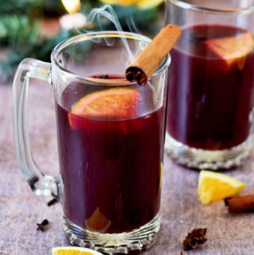 homemade mulled wine with cinnamon and orange in two jars