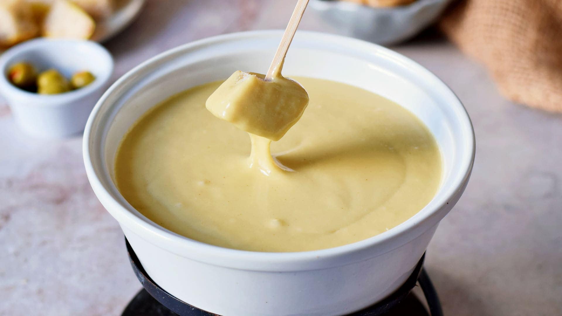 horizontal shot of Swiss cheese fondue
