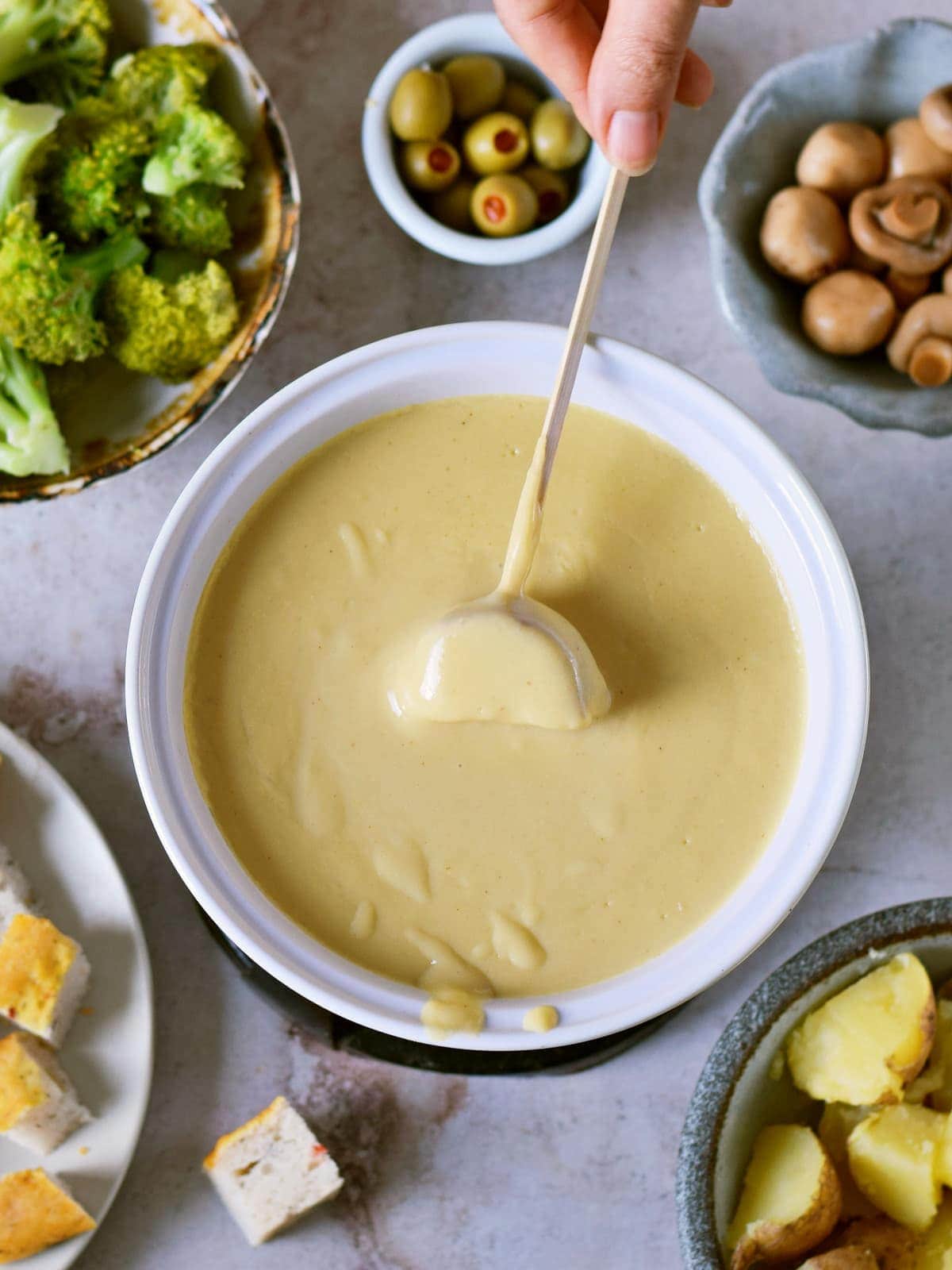 vegan cheese fondue with dippers from above
