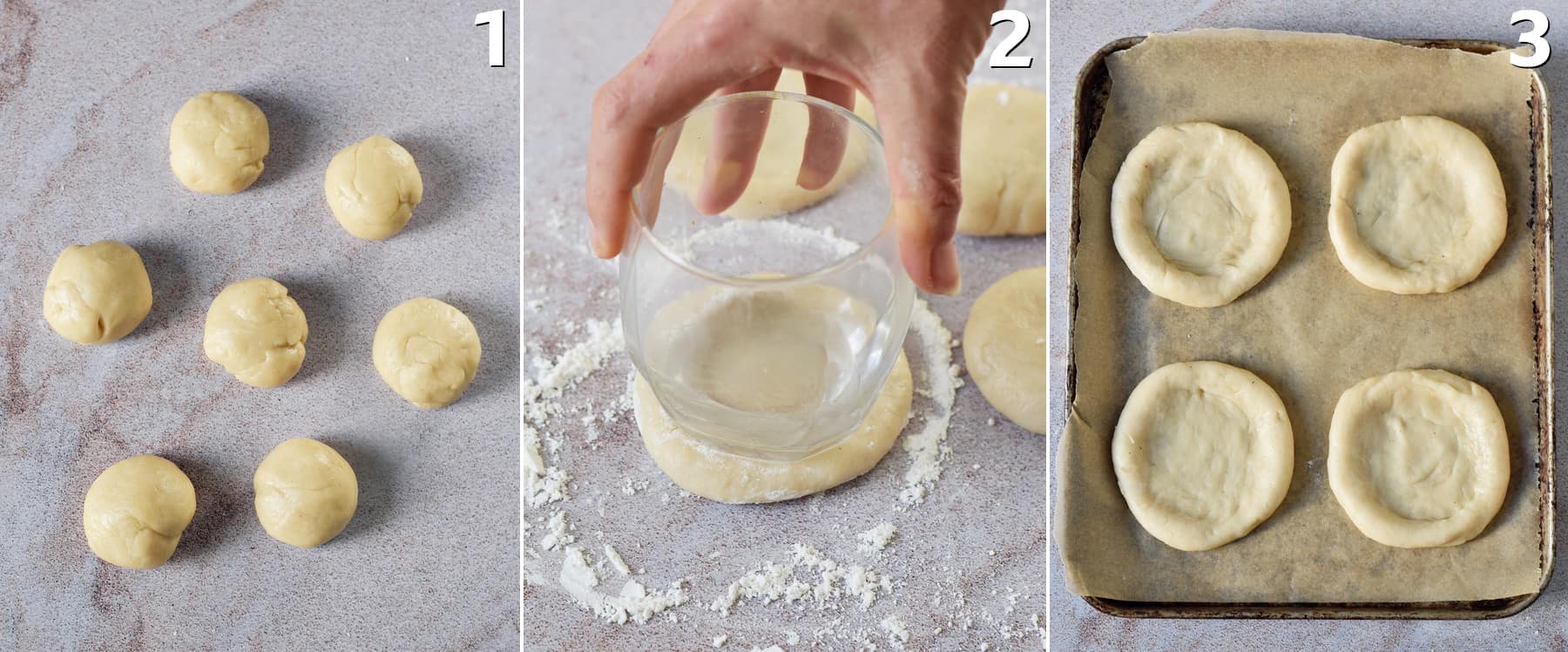 3 step-by-step photos of how to shape sweet yeast dough into kolache