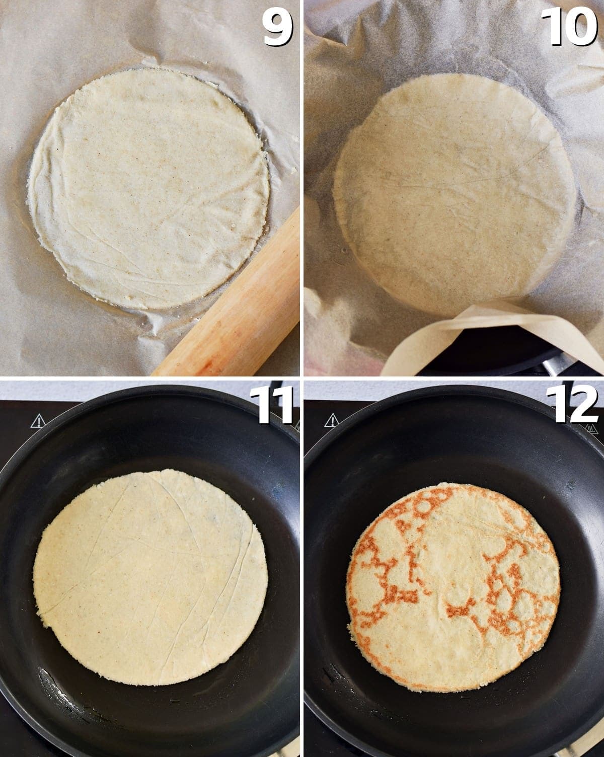 4 step-by-step photos of how to cook almond flour tortillas