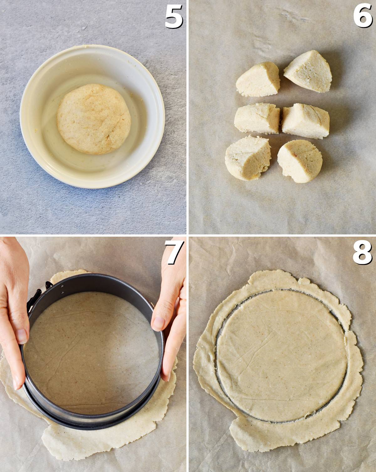 4 Schritt-für-Schritt-Fotos wie man Tortilla Teig aus Mandelmehl ausrollt