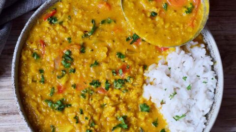 Red Lentil Dahl with rice in bowl with ladle