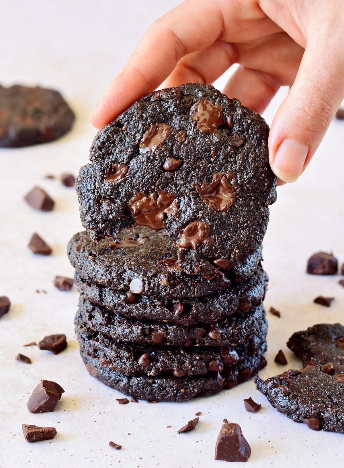 a stack of double chocolate chip fudge cookies
