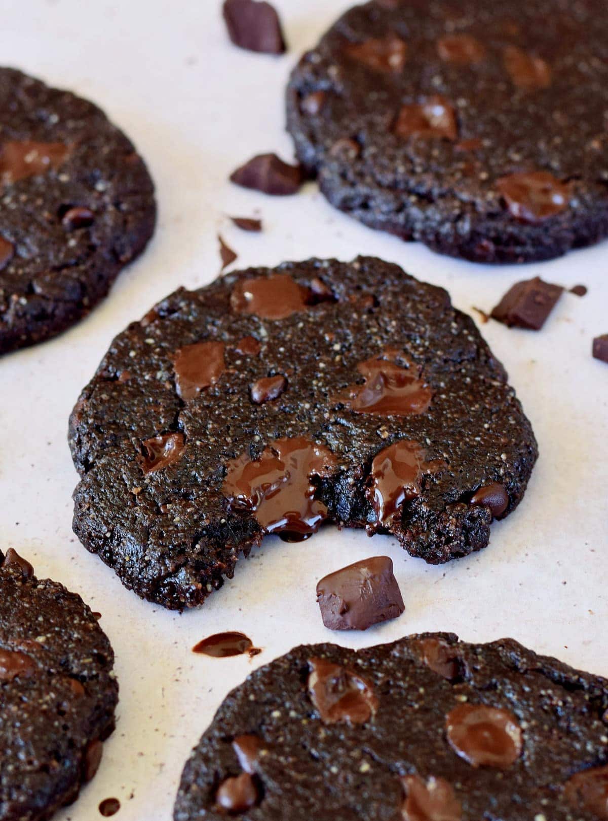 close-up of vegan chocolate fudge cookies