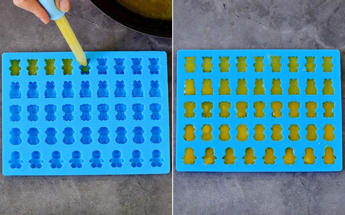 2 Schritt-für-Schritt-Fotos, wie man gelierten Orangensaft in eine blaue Silikon-Tierform füllt