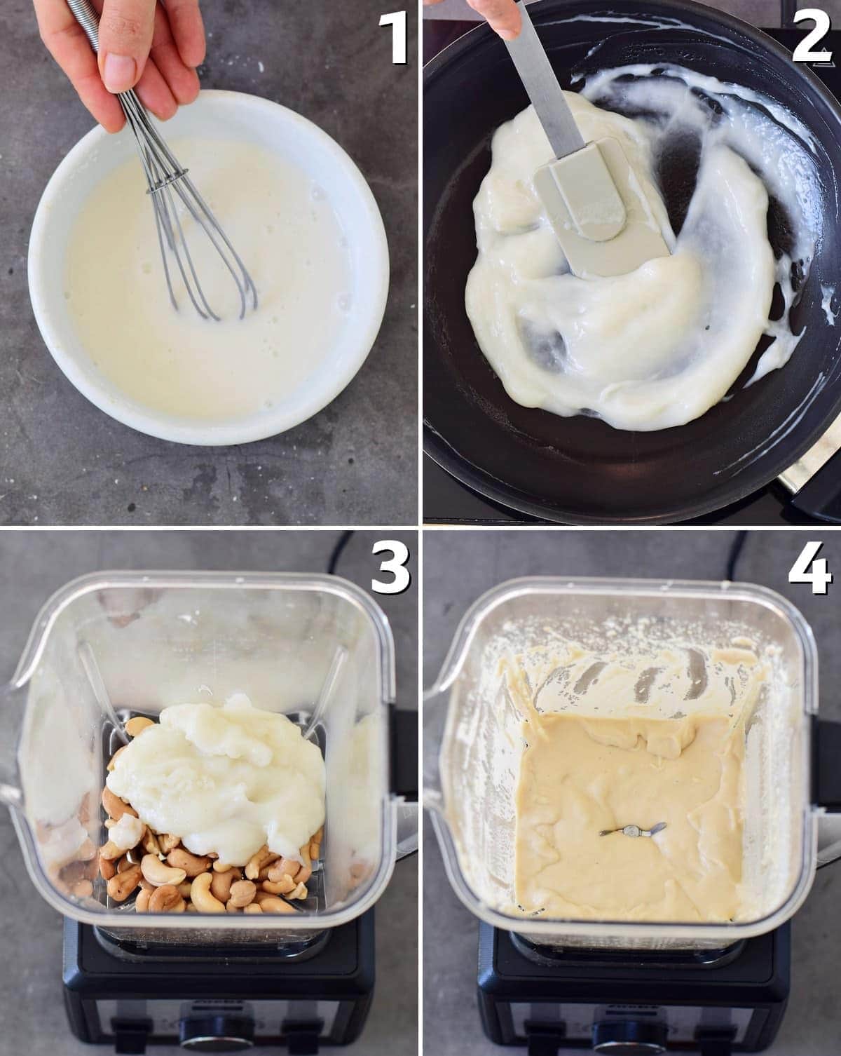 4 Schritt-für-Schritt-Fotos, wie man ein veganes Cashew-Frosting macht
