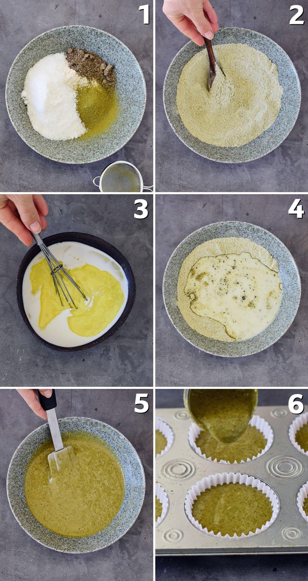 6 step-by-step photos how to make matcha muffins