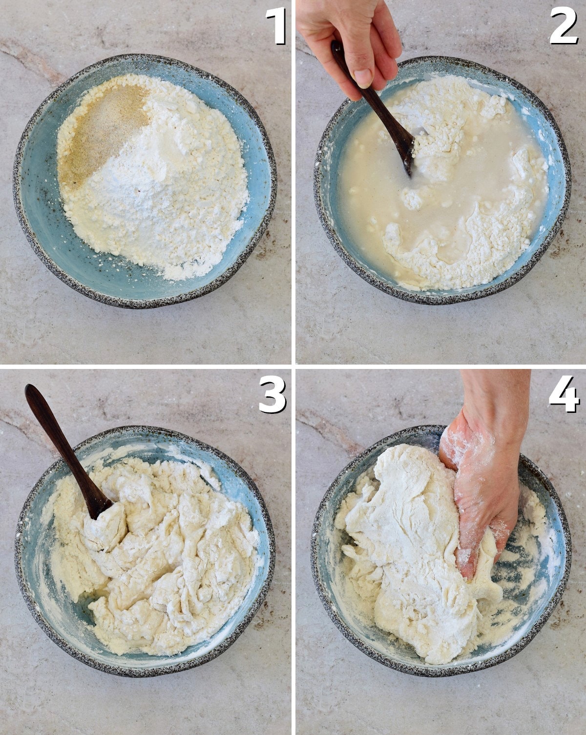4 step-by-step photos how to mix together gluten-free dumpling dough
