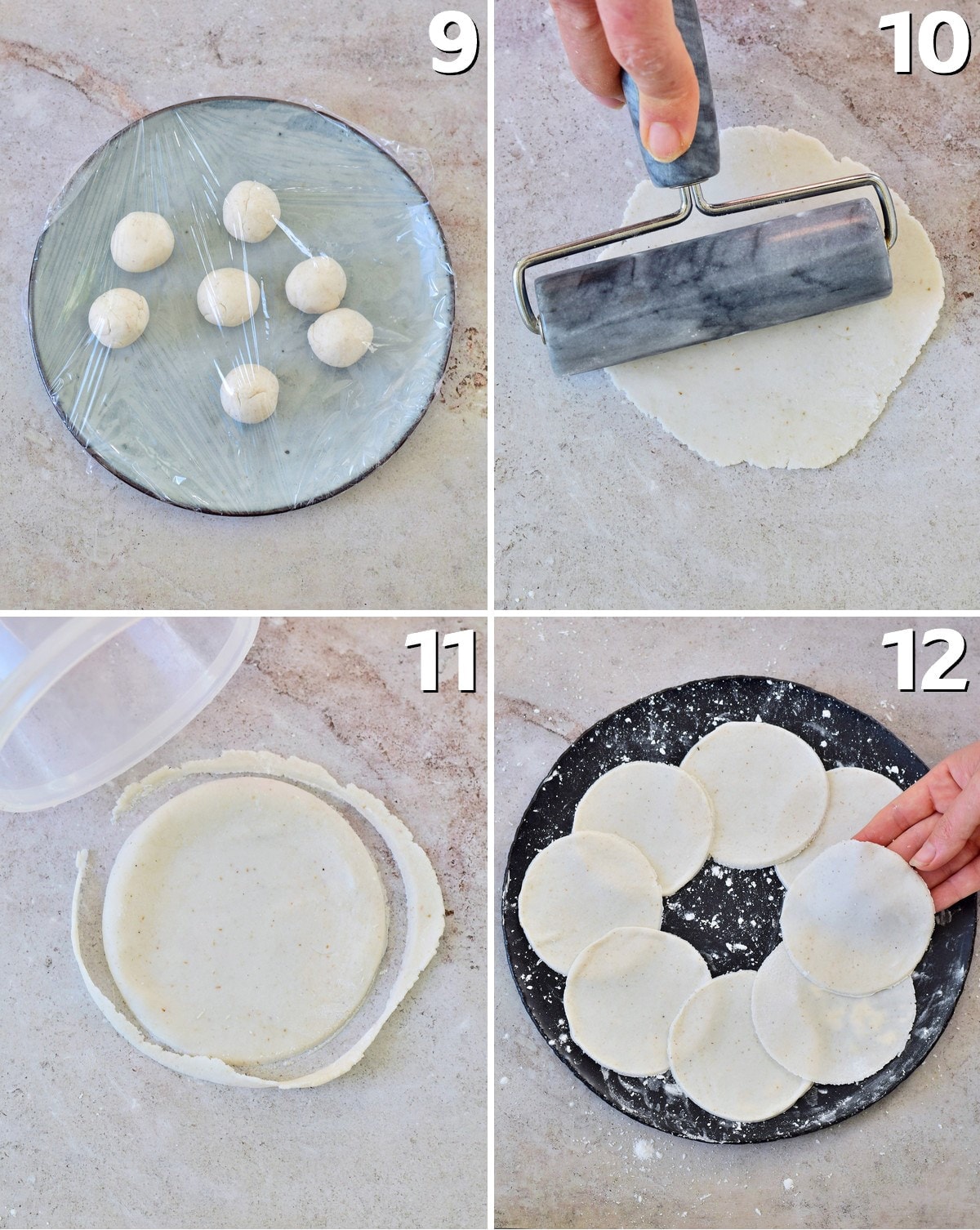 4 step-by-step photos how to shape dough for gluten-free dough dumpling wrappers